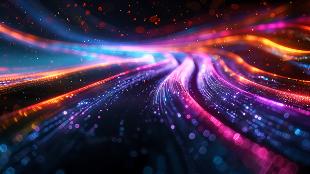 Abstract digital background with colorful light trails and glowing dots
