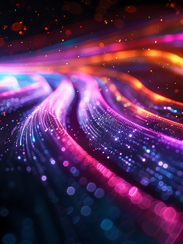 Abstract digital background with colorful light trails and glowing dots