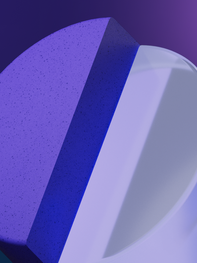 Abstract 3D geometric shapes in layered purple tones