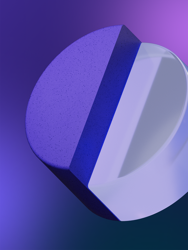 Abstract 3D geometric shapes in layered purple tones