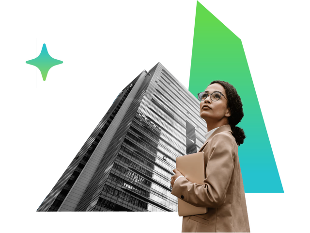 A woman holding a folder looks upward beside a modern skyscraper and a bold green geometric shape, symbolizing ambition and growth