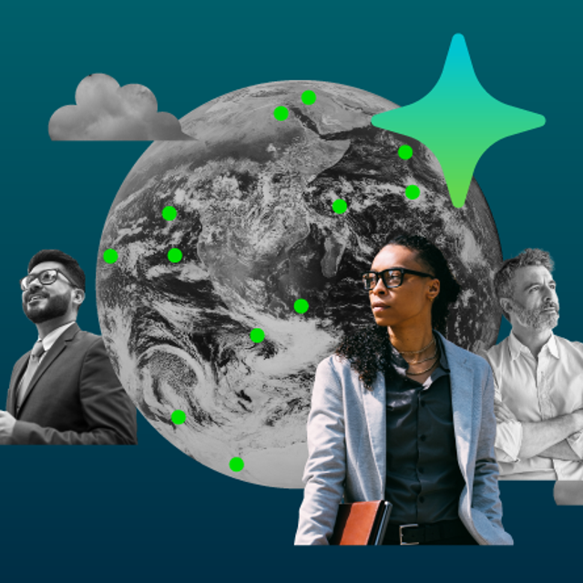 A globe with dots on it, flanked by three workers and featuring an AI star to indicate the power of AI