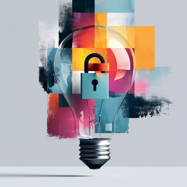 A translucent lightbulb with a lock in it against a mutlicolored background of squares 
