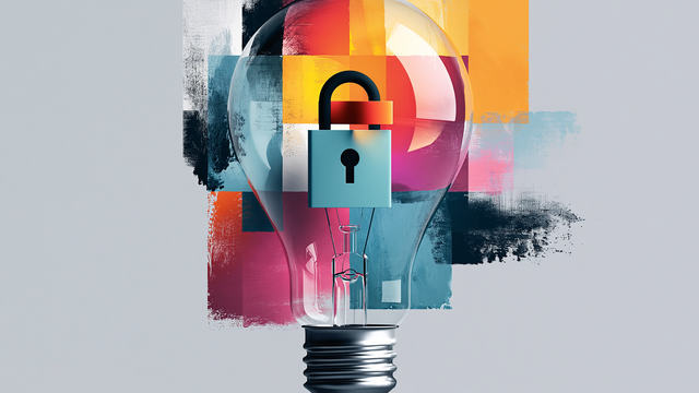 A translucent lightbulb with a lock in it against a mutlicolored background of squares 