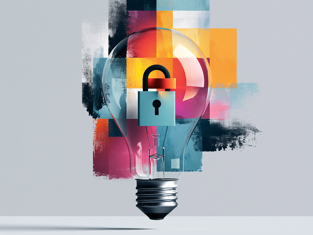 A translucent lightbulb with a lock in it against a mutlicolored background of squares 