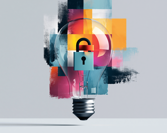 A translucent lightbulb with a lock in it against a mutlicolored background of squares 