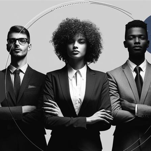 Three agent-appearing people standing with their arms crossed staring at the camera