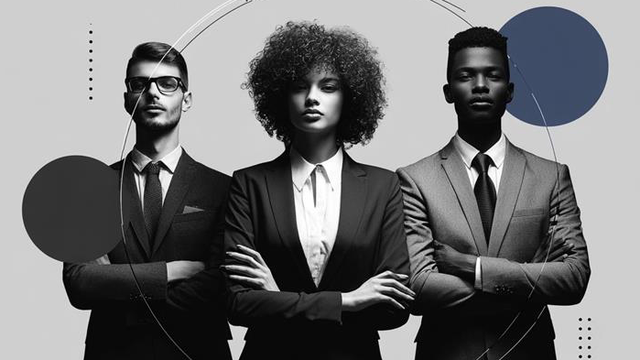 Three agent-appearing people standing with their arms crossed staring at the camera