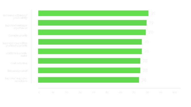 Horizontal bar chart showing top business outcomes organizations want to achieve through AI, ranked by importance. Increased efficiency/productivity leads at 81%, followed by Improved customer experiences (79%), Revenue growth (78%), Improved competitive positioning and Ability to innovate faster (both 76%), Cost reduction and Risk management (both 75%), and Improved employee experience (74%)