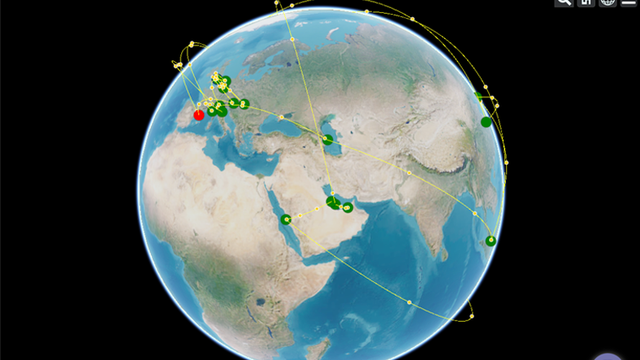 Now Gallery globe screenshot with green and red dots and yellow connection lines