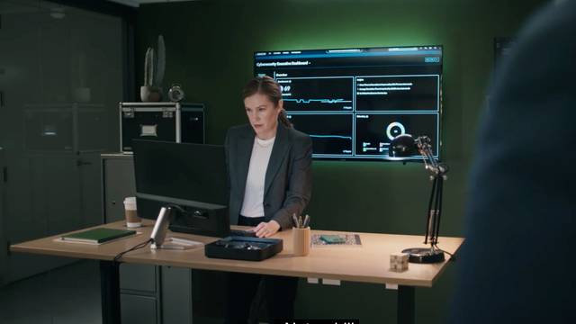 ServiceNow security character Taylor working at a stand-up desk in an office