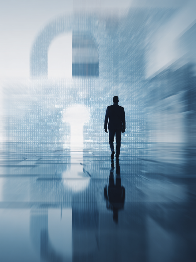 Illustration of a man walking toward an oversized keyhole in a lock