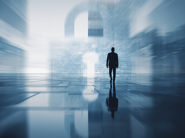 Illustration of a man walking toward an oversized keyhole in a lock