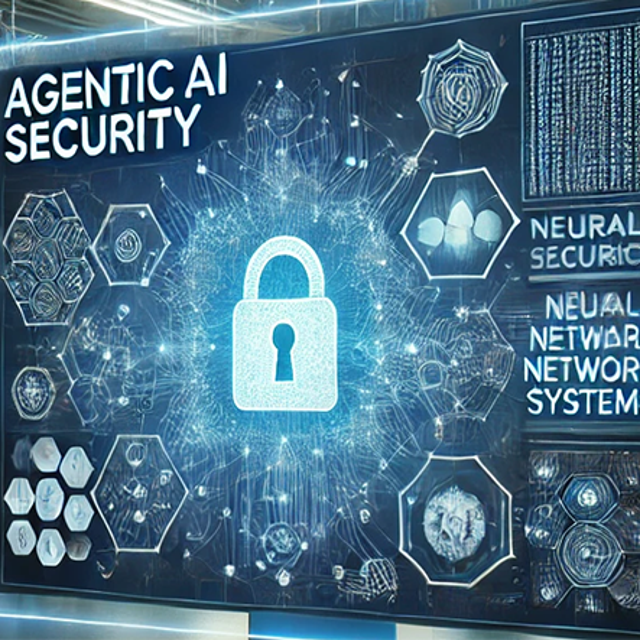 An AI-generated image of a blue screen with a padlock icon representing agentic AI security