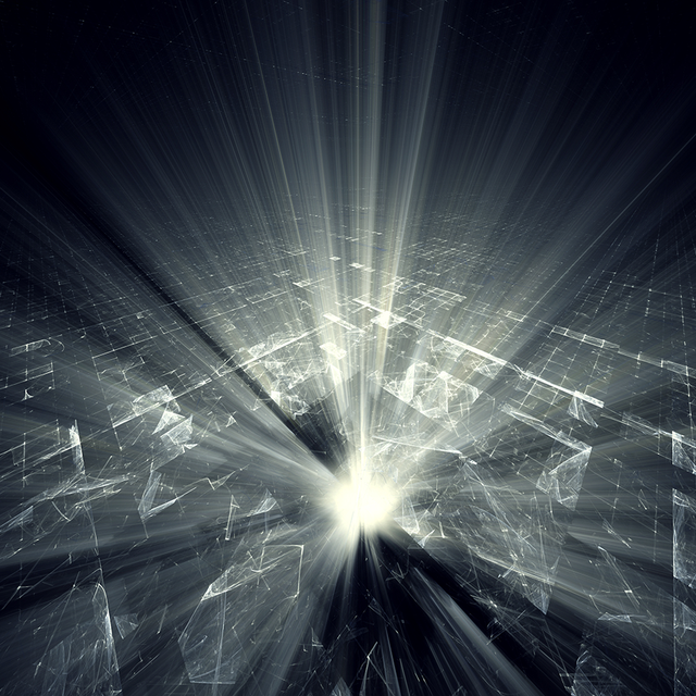 Abstract black and white background with a bright light in the center shooting rays up and out