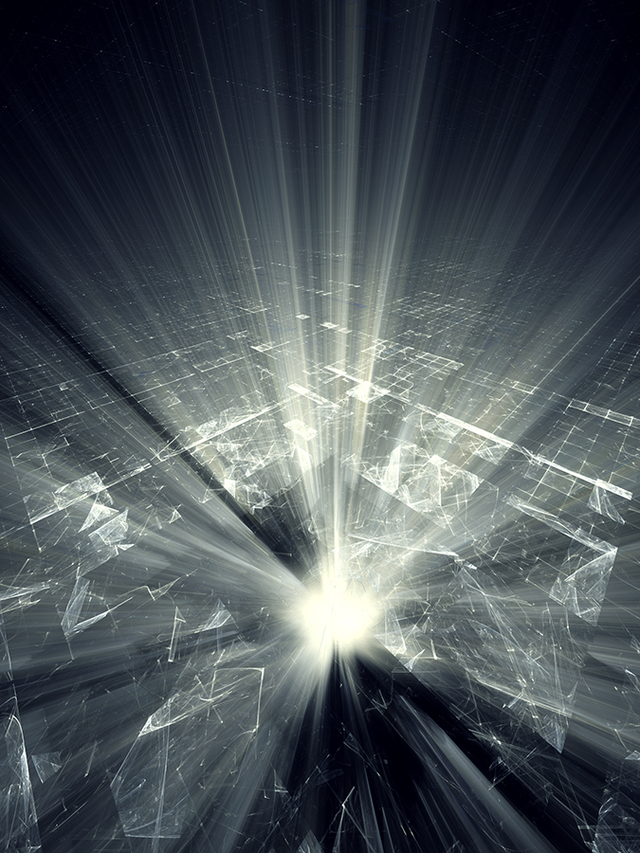 Abstract black and white background with a bright light in the center shooting rays up and out