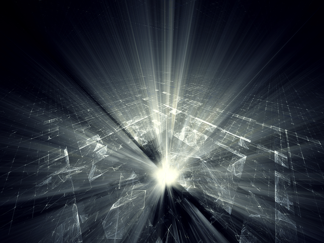 Abstract black and white background with a bright light in the center shooting rays up and out