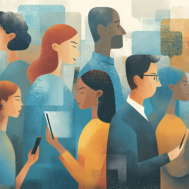 Illustration of people walking while looking at devices