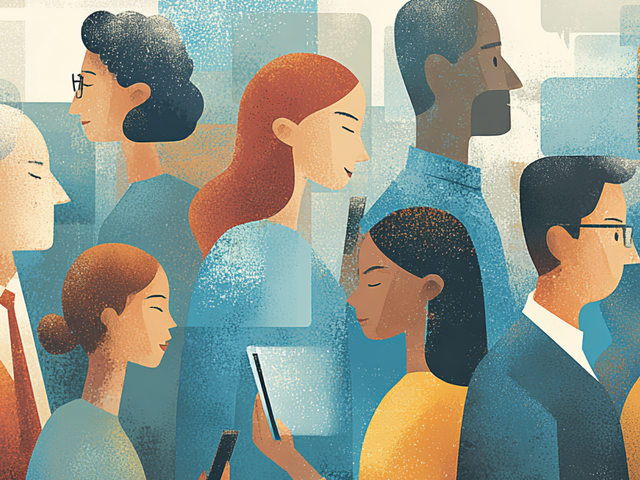 Illustration of people walking while looking at devices