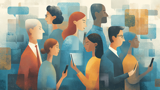 Illustration of people walking while looking at devices