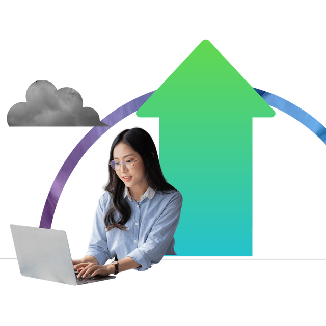 A woman working on a laptop sits in front of a large green upward arrow framed by a colorful arc, symbolizing career growth and advancement.