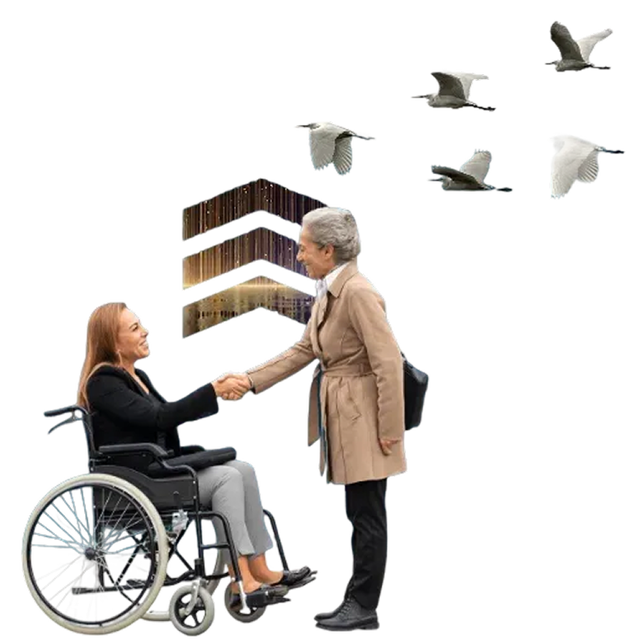 two females shaking hands with birds in the background