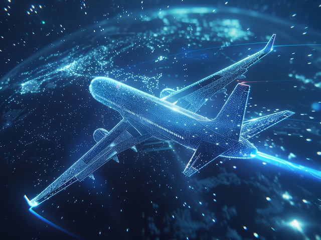 Hologram of an airplane flying around a digital globe