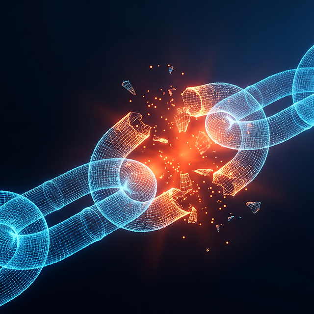 3d rendering of a broken chain, with blue links and a red break