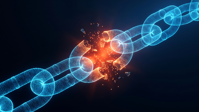 3d rendering of a broken chain, with blue links and a red break