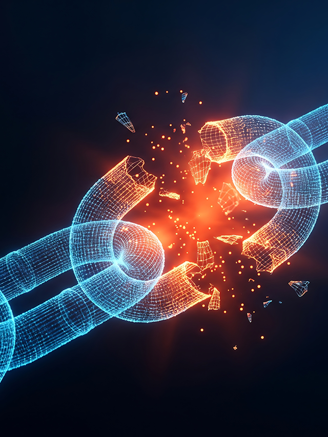 3d rendering of a broken chain, with blue links and a red break