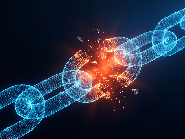 3d rendering of a broken chain, with blue links and a red break