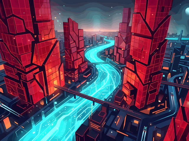 Futuristic cityscape illustration with towering red fractured skyscrapers