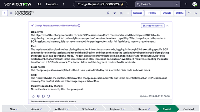 ServiceNow summarizes change requests.