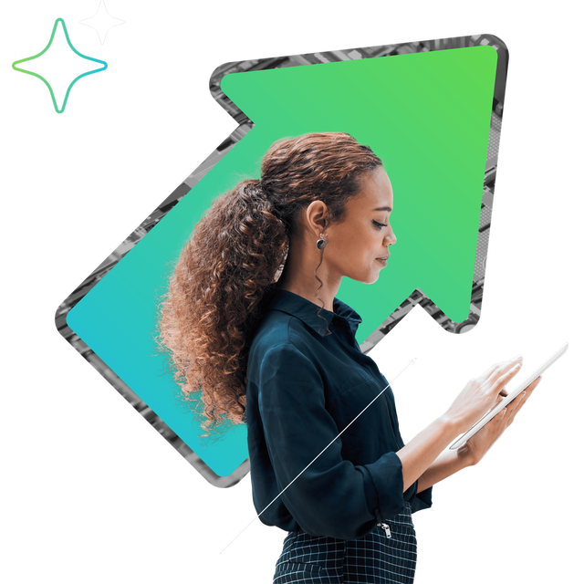 A woman holding a tablet stands in front of a large green upward arrow, symbolizing growth and forward momentum