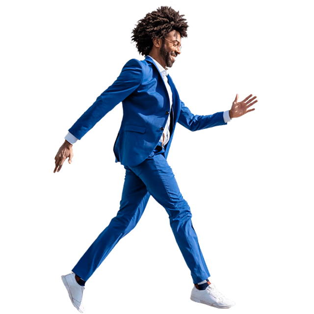 Male happily walking in stride