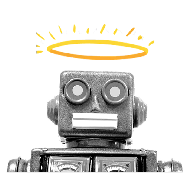 Image of a vintage toy robot with a glowing golden halo floating above its head.