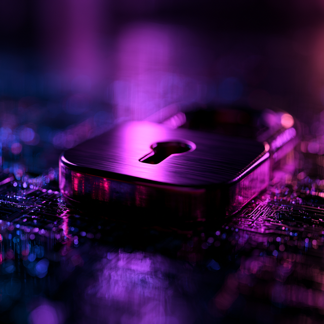 A padlock with a large keyhole lying flat on a computer board with purple lighting