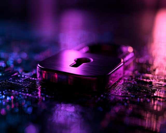 A padlock with a large keyhole lying flat on a computer board with purple lighting