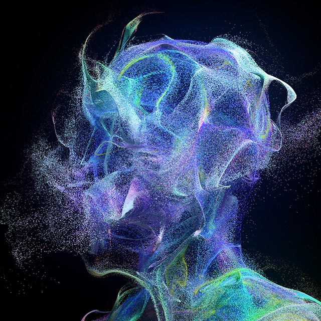 Illustration of particles in the shape of a wispy human in purple, blue, and green colors