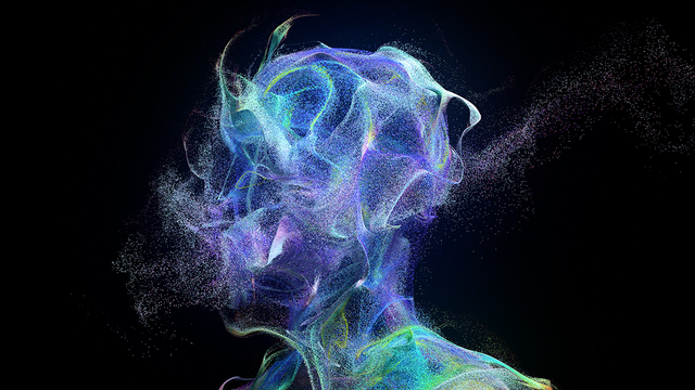 Illustration of particles in the shape of a wispy human in purple, blue, and green colors