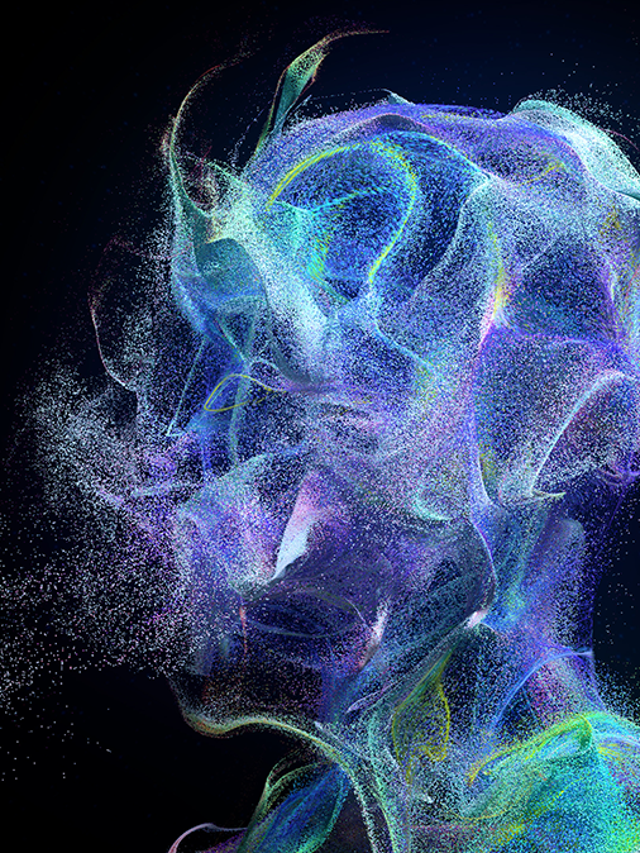 Illustration of particles in the shape of a wispy human in purple, blue, and green colors
