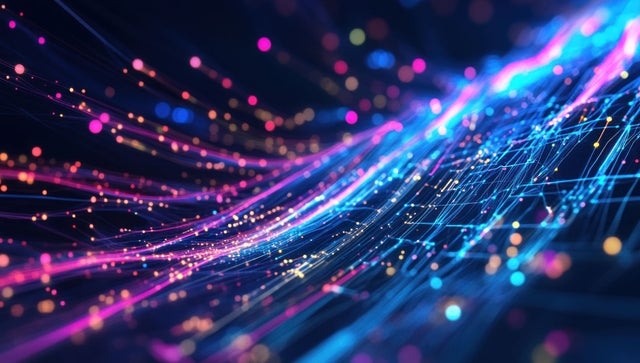 The image illustrates a digital concept with a vibrant network of data streams and glowing connections in color.