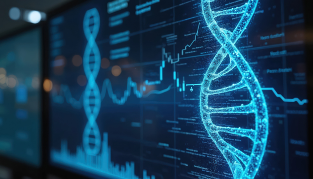Holographic DNA helix displays on screen with data charts and graphs.