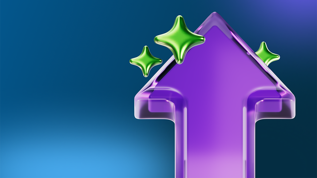 A 3D purple arrow pointing up with three green AI starts around it