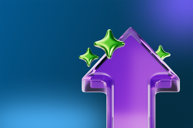A 3D purple arrow pointing up with three green AI starts around it