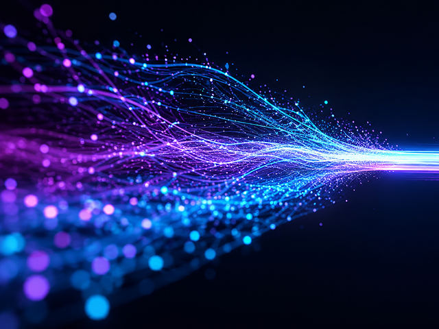 Glowing abstract data stream with flowing light particles to represent high-speed digital connectivity