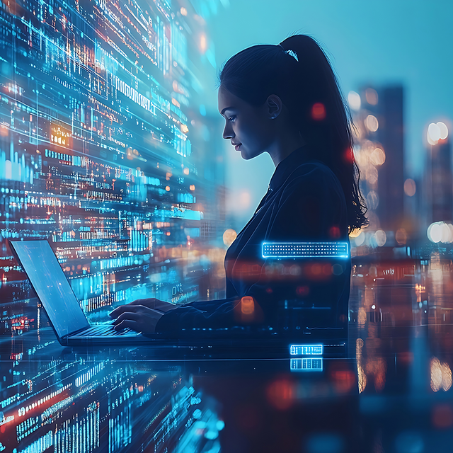 Woman typing on a laptop in front of data processing concept with city skyscrapers in the background