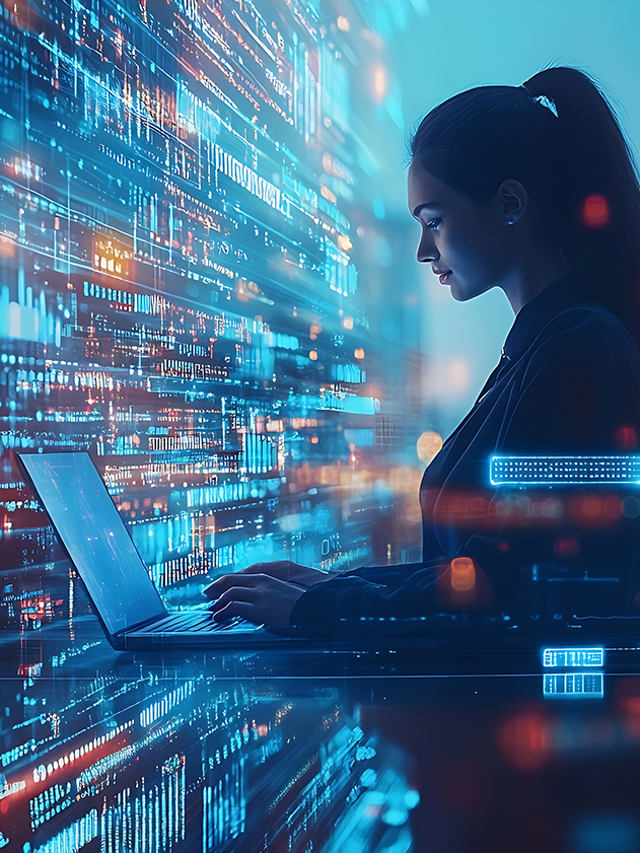 Woman typing on a laptop in front of data processing concept with city skyscrapers in the background
