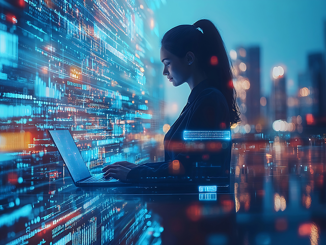 Woman typing on a laptop in front of data processing concept with city skyscrapers in the background