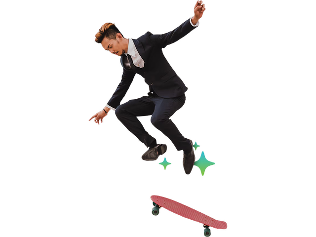 Male on a skateboard jumping in the air above AI sparkle